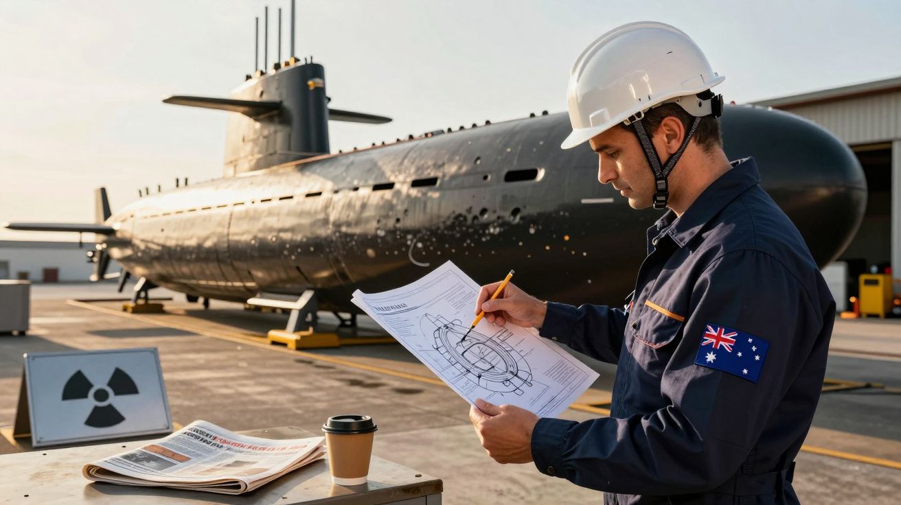 Bărbat cu cască studiază planurile unui submarin aflat pe uscat; ziar și cafea pe masă.