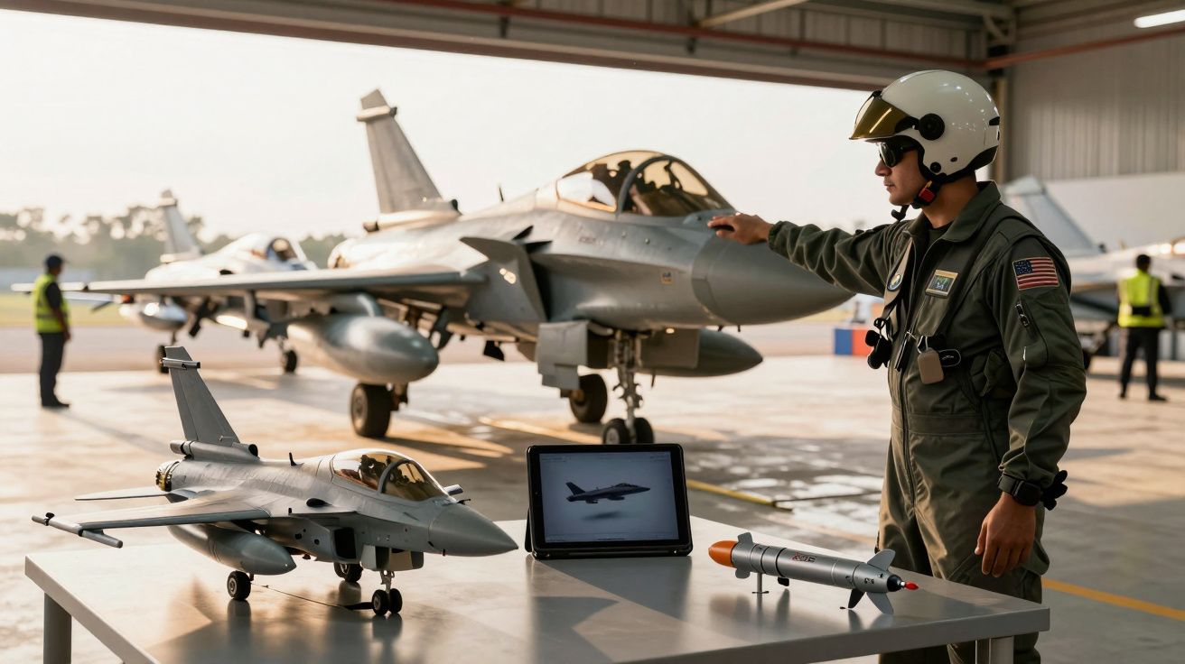 Pilot lângă un avion de luptă în hangar, cu modele în miniatură și laptop pe masă în prim-plan.