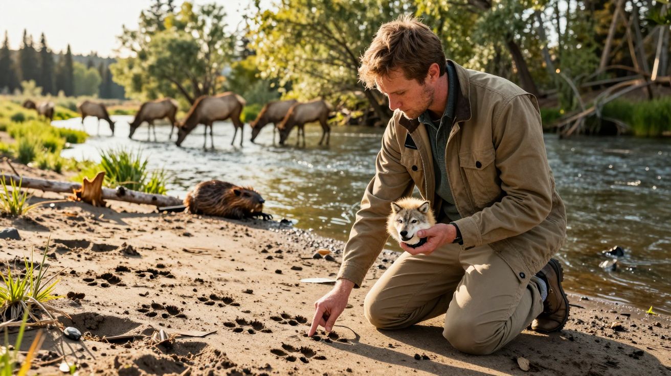 Bărbat examinând urme de animale pe nisipul de lângă un râu, cu un câine mic în brațe; elani pe fundal.