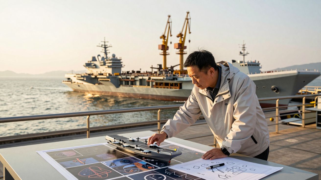 Om studiind planuri navale pe o masă lângă un port cu nave și macarale în fundal.