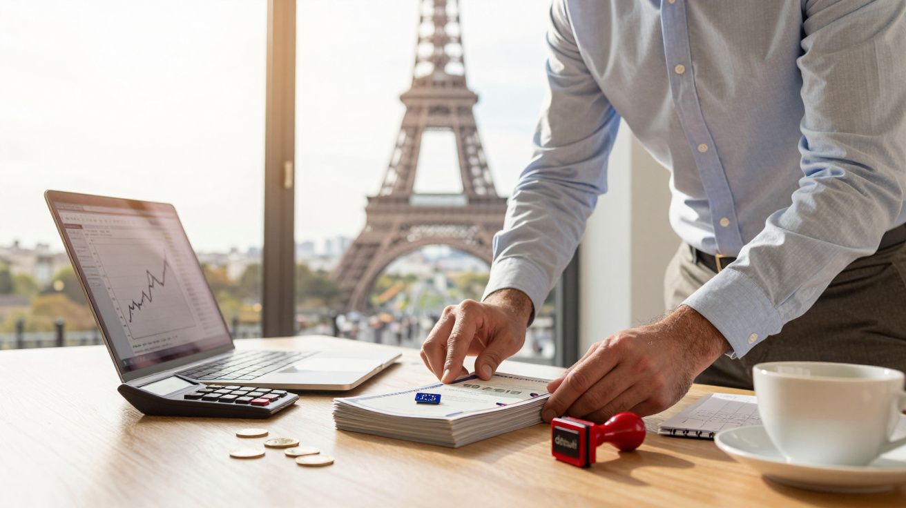 Persoană lucrând la birou cu vedere spre Turnul Eiffel, laptop deschis, grafice afișate pe ecran.