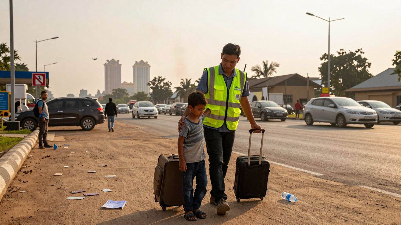 Bărbat cu vestă reflectorizantă și copil merg pe trotuar cu bagaje, aglomerație de mașini în fundal.