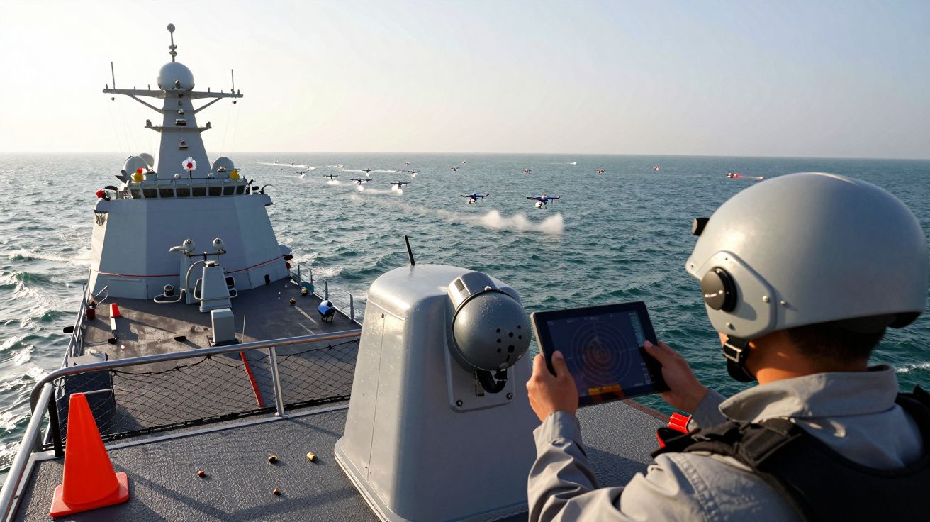 Persoană controlând drone cu tabletă pe puntea unei nave militare, în largul mării.