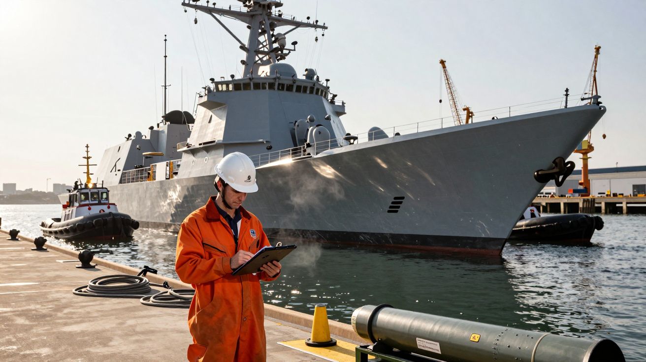 Un muncitor în salopetă portocalie notează pe o placă, în fața unui crucișător în port.