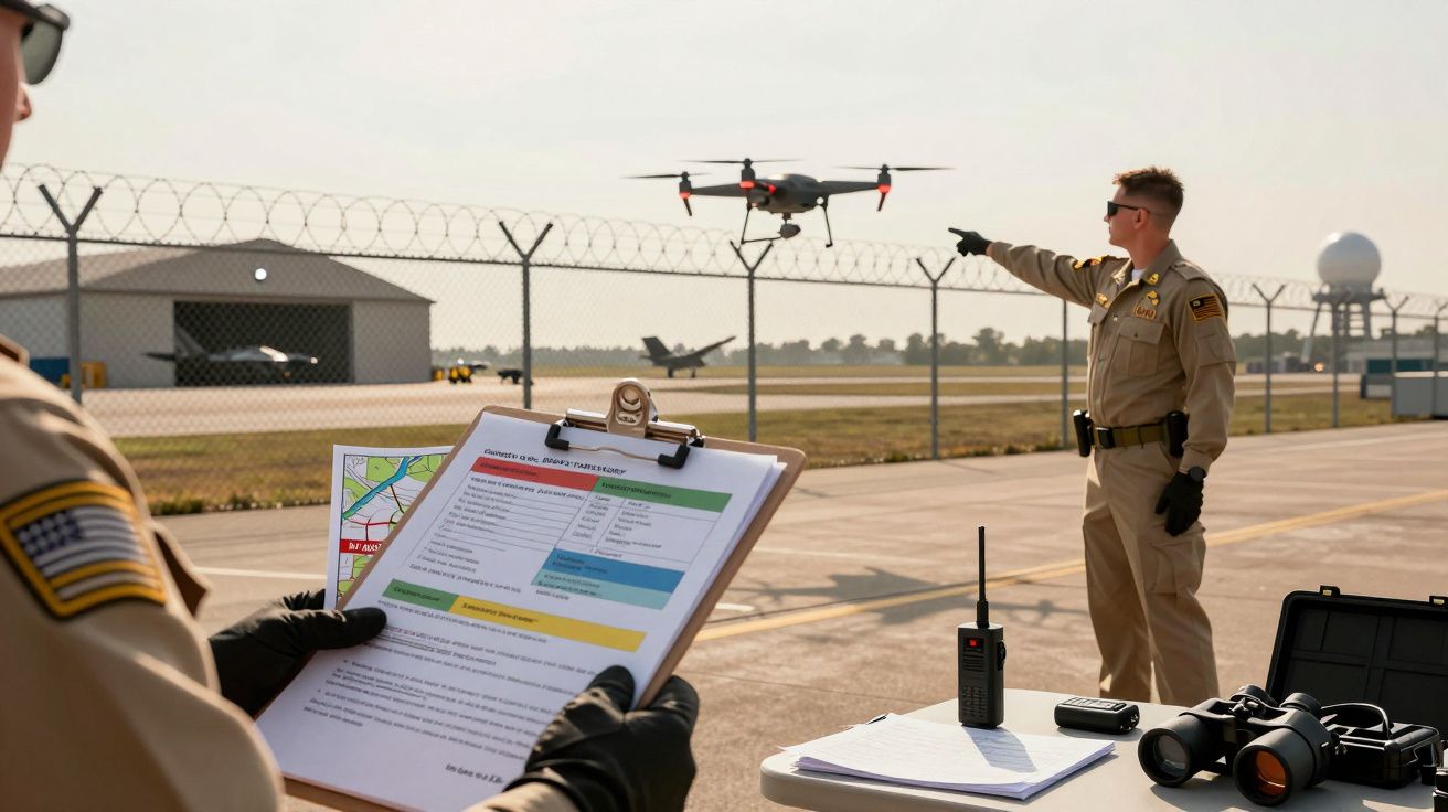 Operatori de securitate coordonând un test de drone lângă o pistă de avion, cu calculatoare și binoclu pe masă.