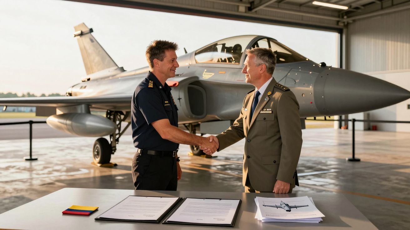 Doi bărbați în uniformă dau mâna în fața unui avion de luptă într-un hangar. Documente semnate pe masă.