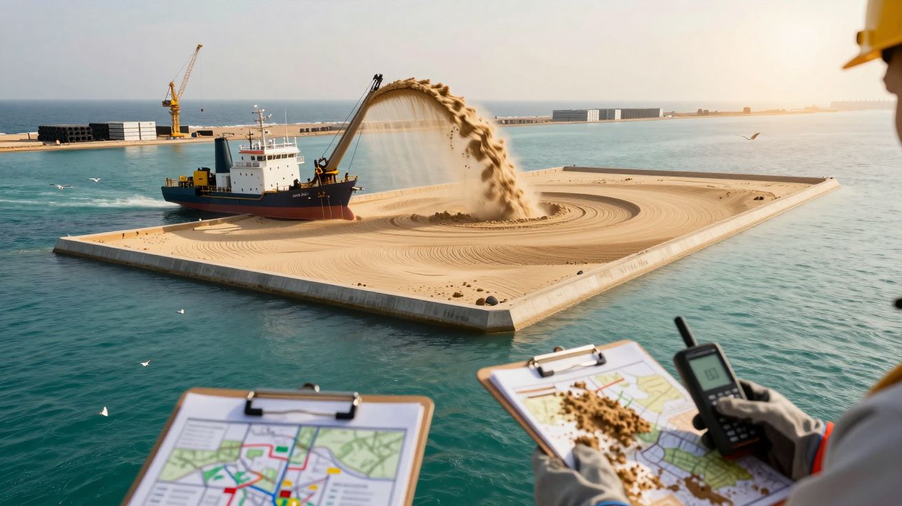 Constructori monitorizând dragarea nisipului pe o platformă în largul mării, cu planuri de construcție în mână.