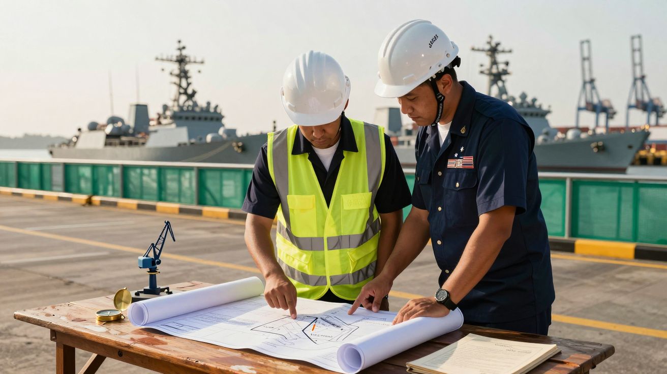 Doi muncitori în căști de protecție examinează hărți pe un birou lângă un port naval.