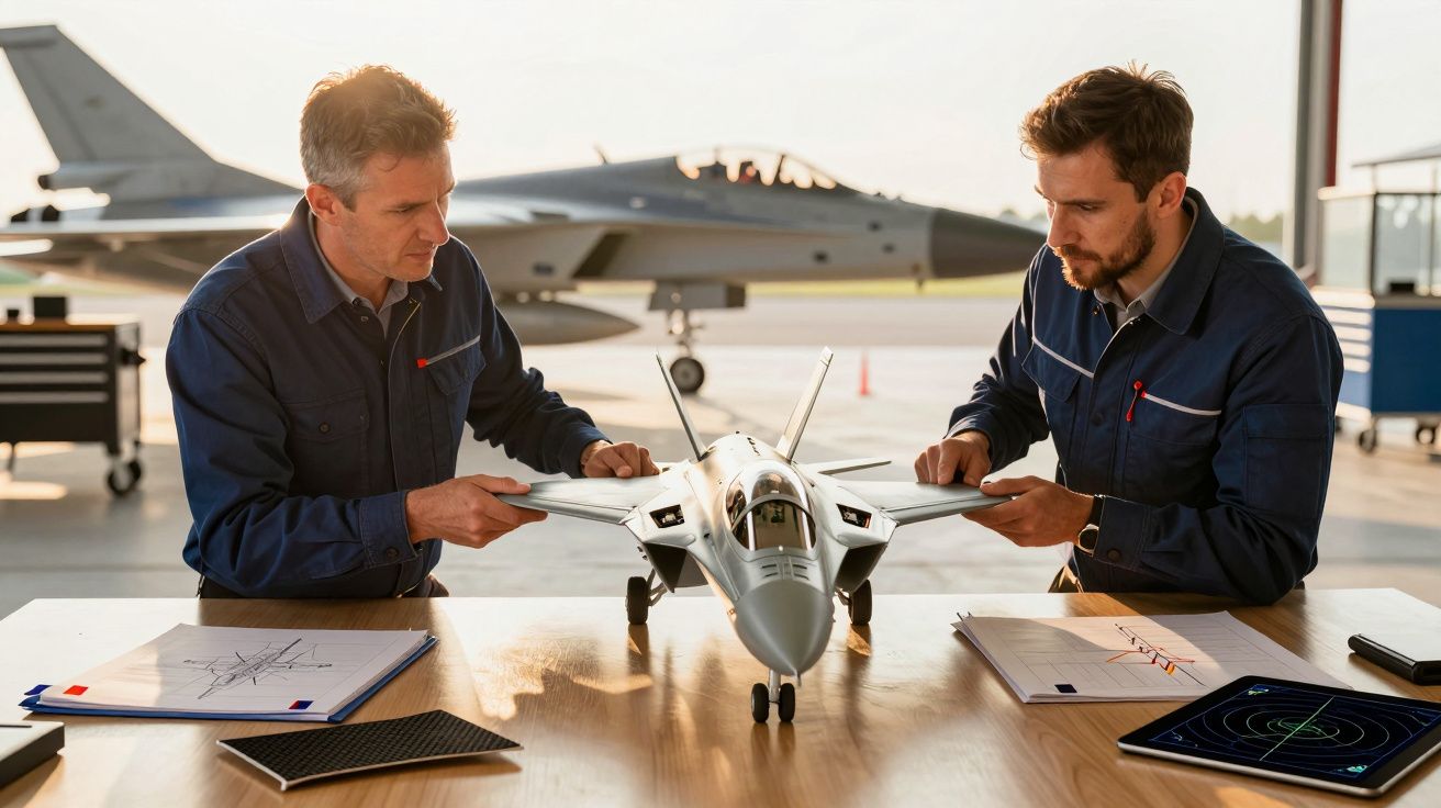 Doi bărbați examinând un model de avion de luptă pe o masă într-un hangar, cu un avion real în fundal.