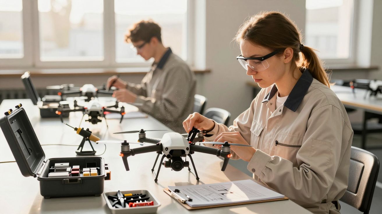 Două persoane asamblează drone la o masă de lucru, purtând ochelari de protecție și uniforme bej.