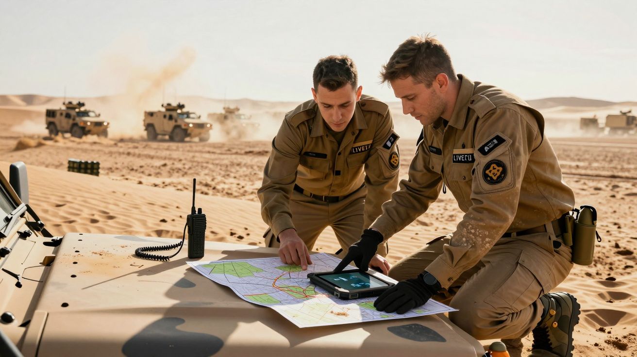 Doi bărbați în uniforme militare analizează o hartă pe capota unei mașini, în deșert, cu vehicule blindate în fundal.