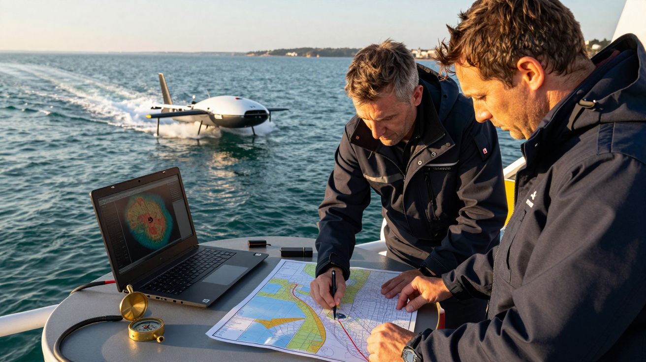 Doi bărbați analizează hărți marine pe o barcă, cu un drone acvatic autonom vizibil pe apă în fundal.