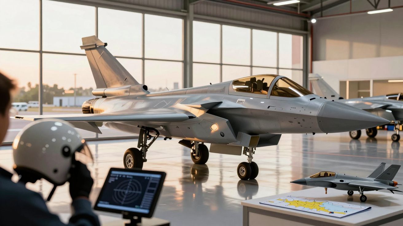 Avion de luptă în hangar cu tehnician la masă de control, machetă și hartă pe masă.