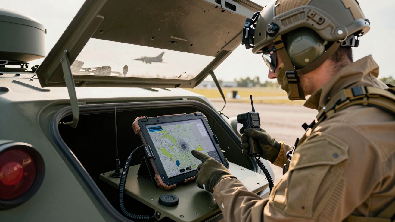 Soldat operând un ecran tactil în vehicul militar, avion de luptă în fundal.