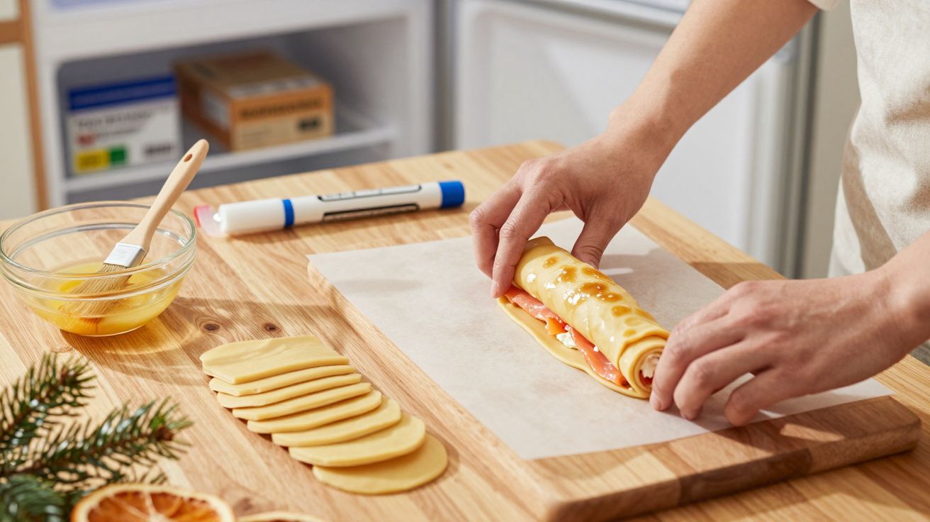 Persoană rulează aluat cu umplutură pe hârtie de copt; pe masă sunt ouă, felii de măr și un penson de bucătărie.