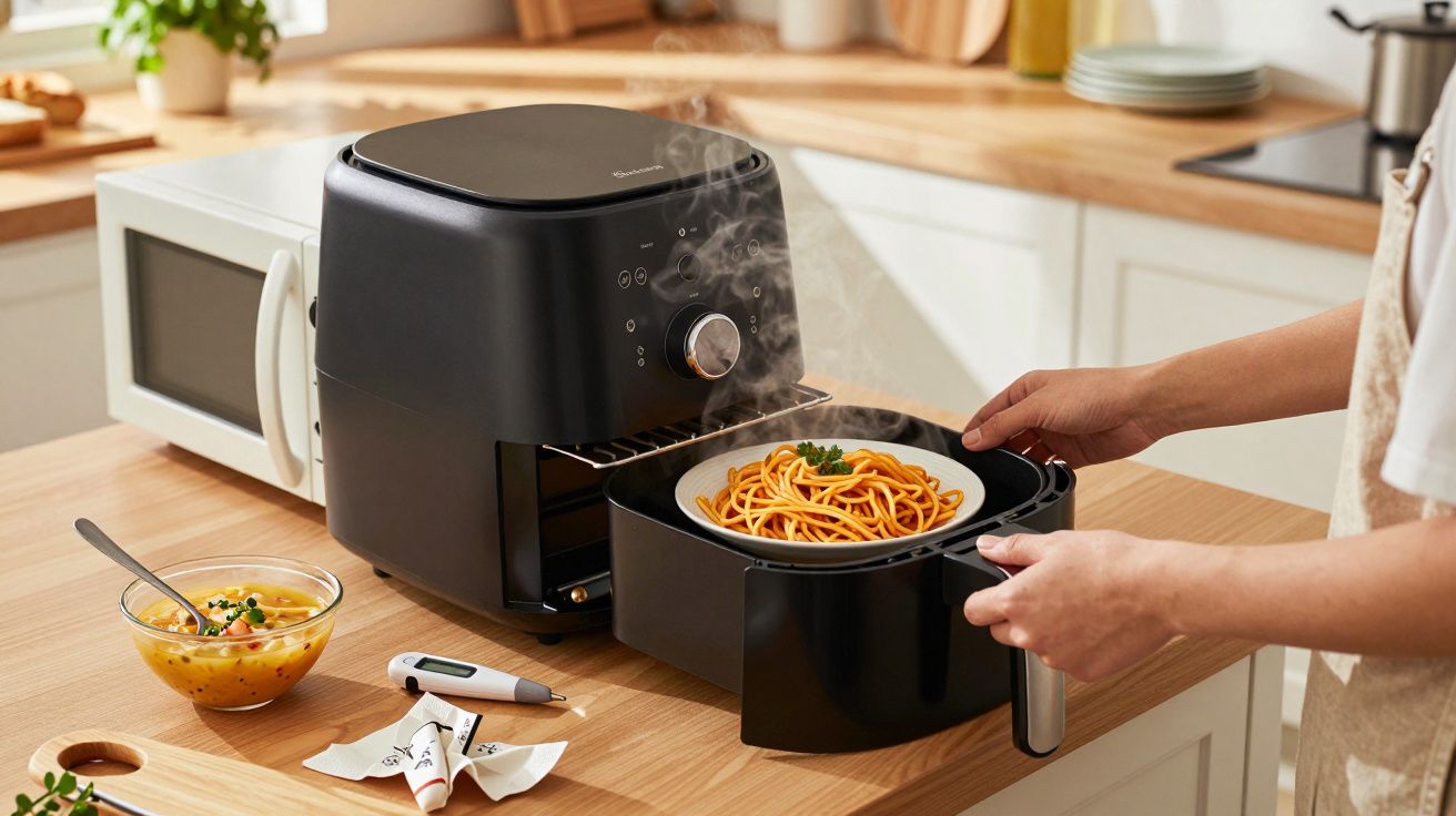 Persoană scoate o tavă cu paste aburinde dintr-o friteuză cu aer pe un blat de bucătărie.