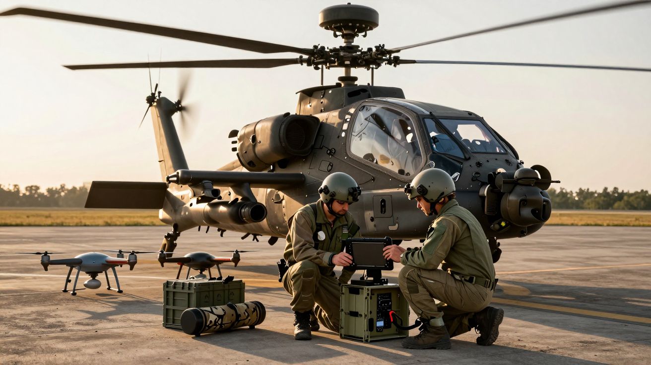 Doi soldați lucrează la echipamente lângă un elicopter militar și o dronă pe o pistă de aterizare.