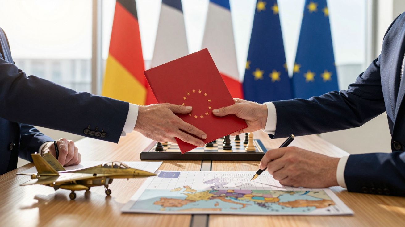 Două persoane schimbă un dosar roșu, cu stele galbene, pe o masă cu hartă și miniatură de avion.