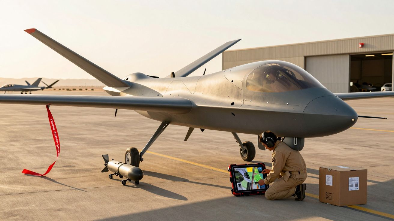 Persoană verificând un avion dronă pe o pistă de aeroport, lângă un hangar.