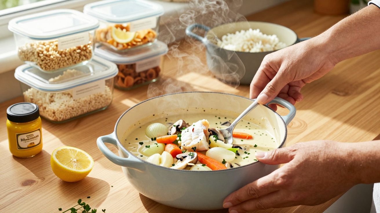 Mâini amestecând ciorbă fierbinte cu legume într-o oală pe masă; alimente depozitate în fundal.