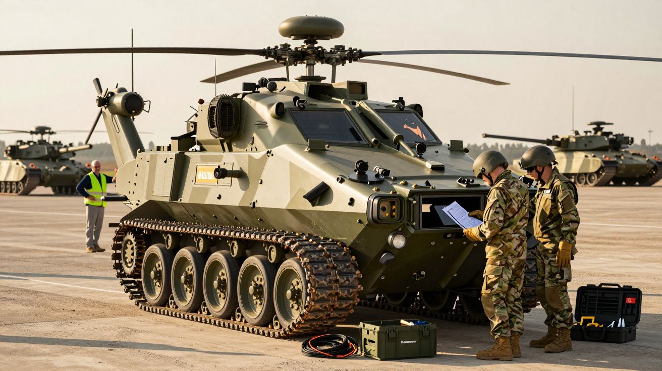 Tanc militar pe teren cu doi soldați verificând planurile și echipamentul, în fundal alte vehicule asemănătoare.