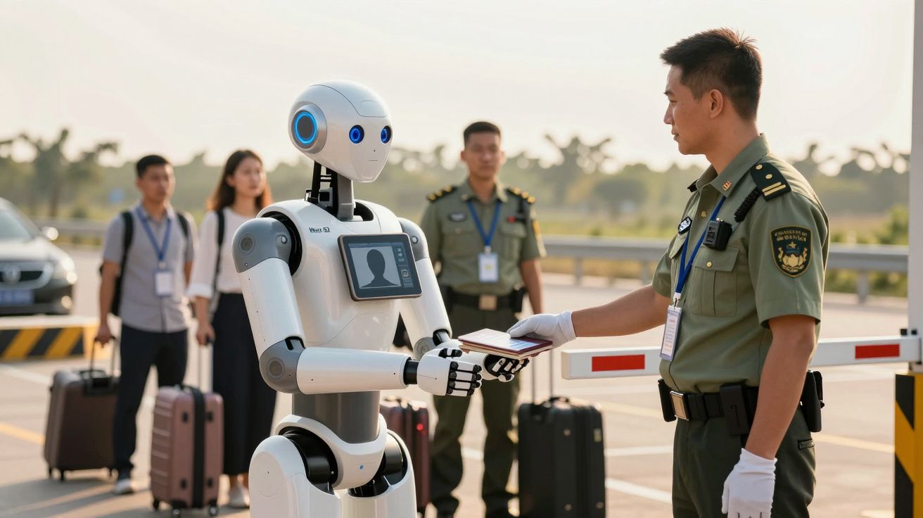 Robot schimbând documente de călătorie cu un ofițer la un punct de control, cu pasageri și bagaje în fundal.