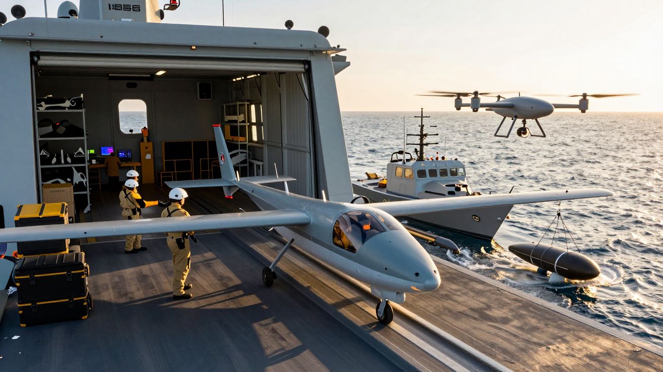 Drone și echipaj pe un portavion în timpul zilei, cu mare și cer senin în fundal.