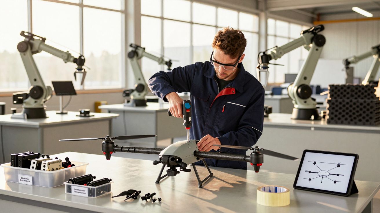 Bărbat montând o dronă într-un laborator, înconjurat de brațe robotice și echipamente tehnice.