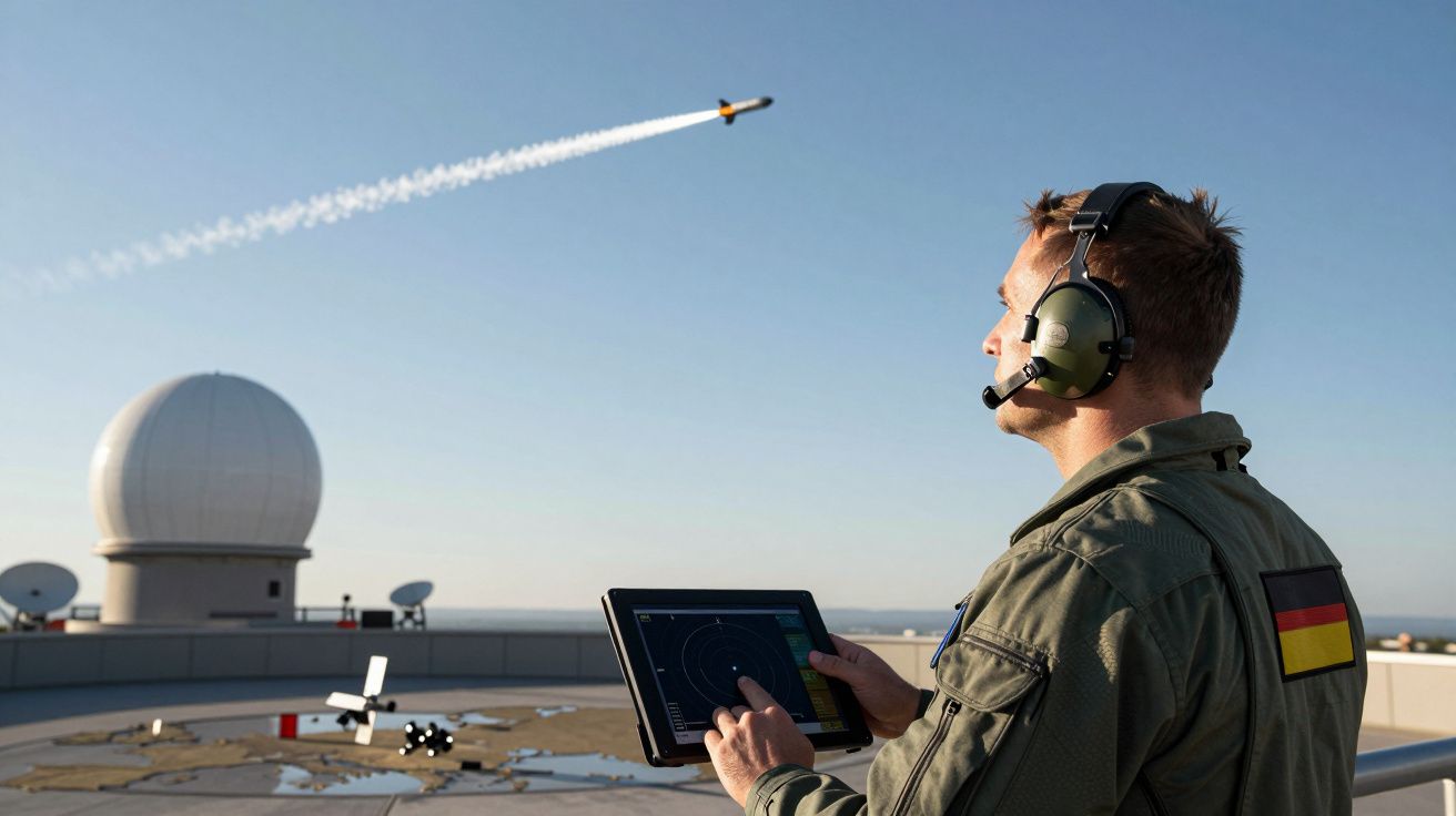 Un operator monitorizează lansarea unei rachete pe fondul unui cer senin, folosind o tabletă.