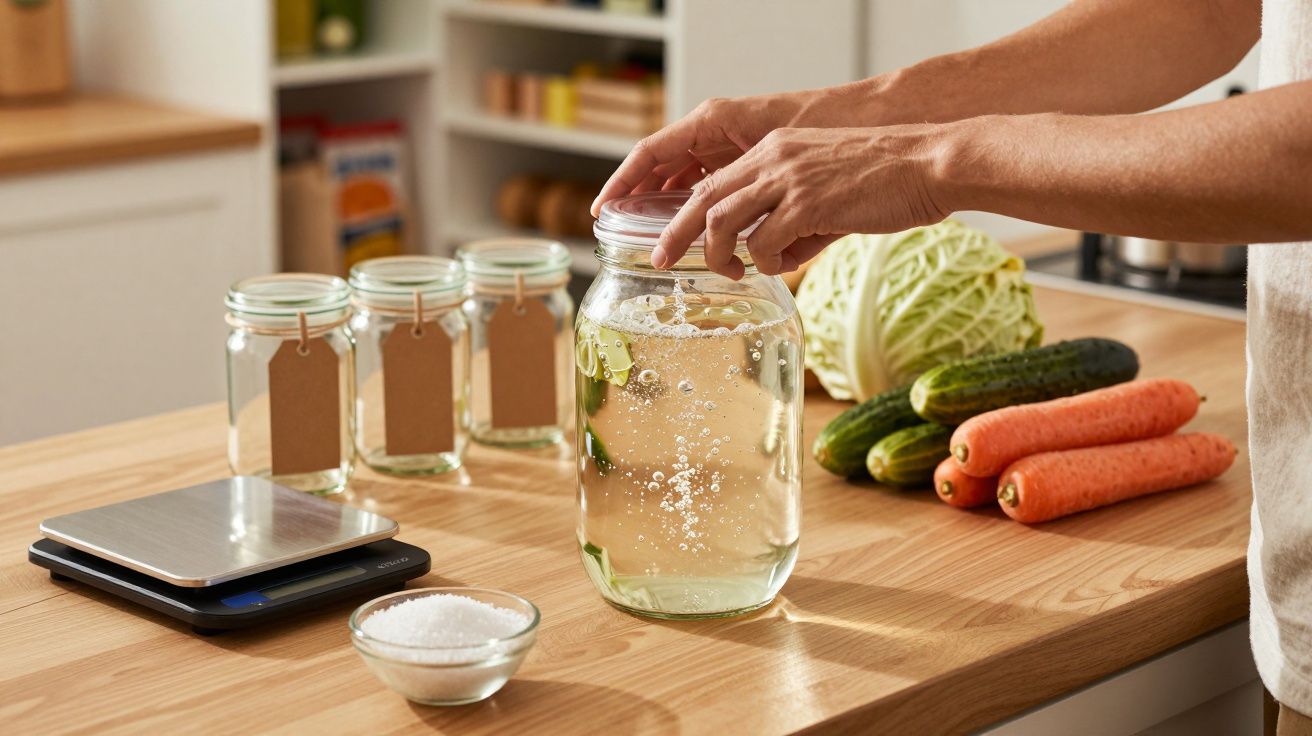 Persoană pregătind murături în bucătărie, cu borcane, varză, castraveți și morcovi pe masă.