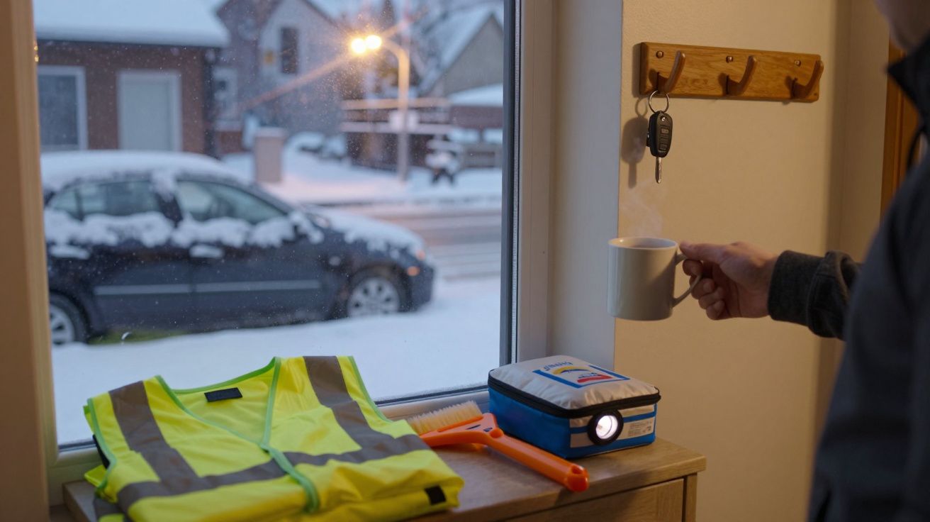Vedere prin fereastra către mașina înzăpezită, cu vestă reflectorizantă și trusă de urgență, cană aburindă în mână.