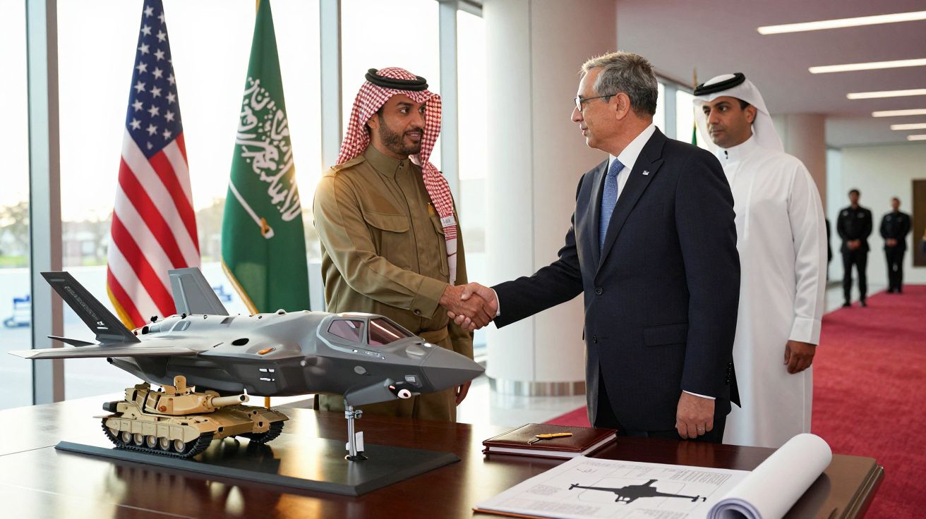 Două persoane se strâng mâna lângă un birou cu macheta unui avion și drapele în fundal.