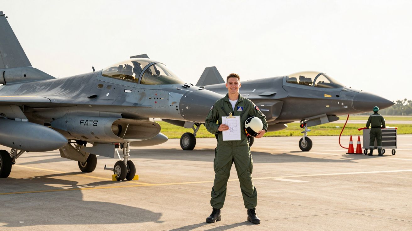 Pilot zâmbitor în fața a două avioane de vânătoare pe pistă, ținând o cască și un document în mână.