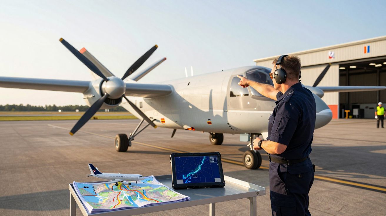 Persoană gesticulează către un avion pe pistă, cu hartă și tabletă pe masă, hangar în fundal.