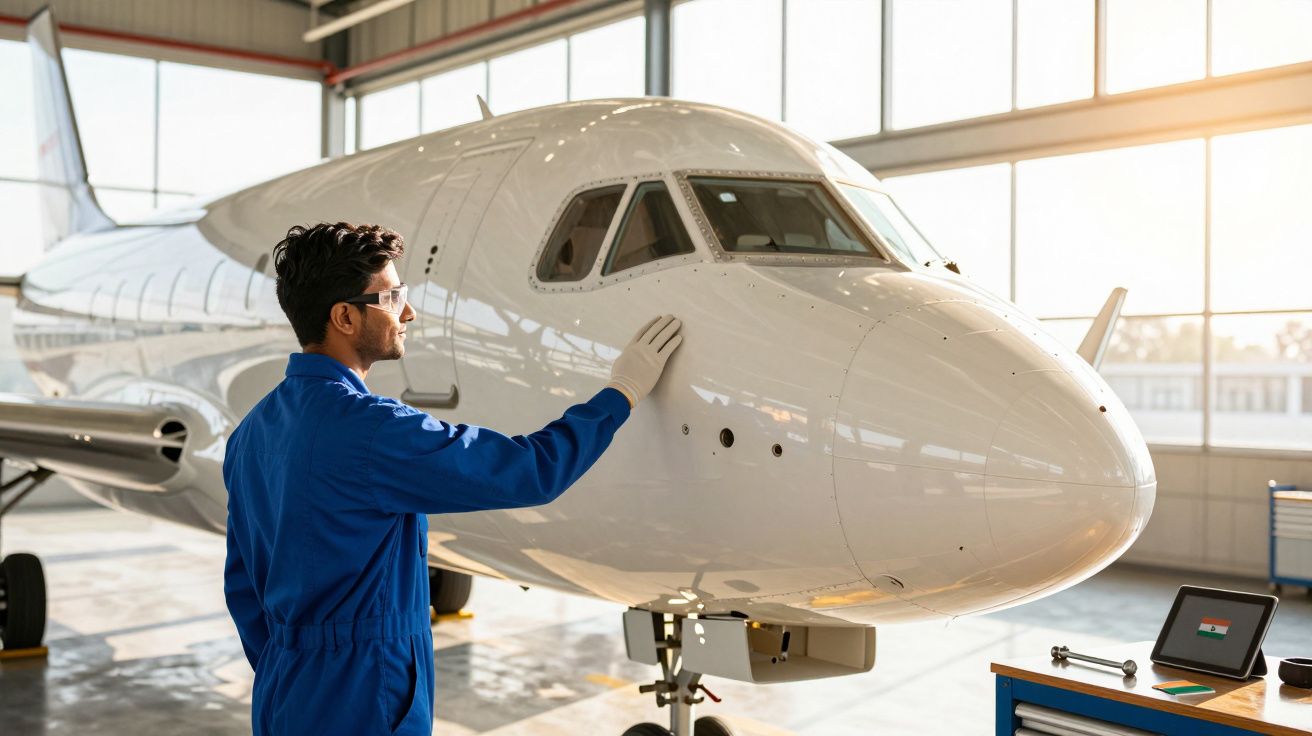 Tehnician curăță fuselajul unui avion alb într-un hangar luminat. Poartă salopetă albastră și mănuși.