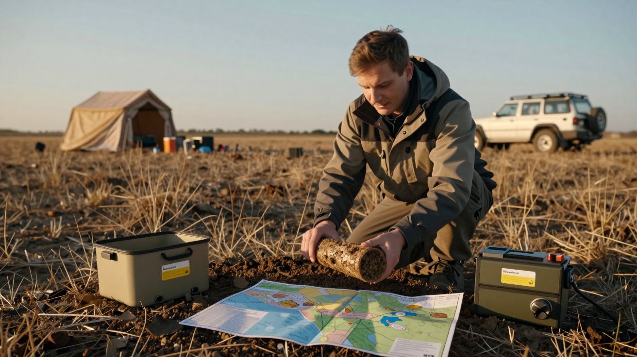 Bărbat studiază un buștean lângă o hartă, cu cort și mașină în fundal pe un câmp uscat, în aer liber.