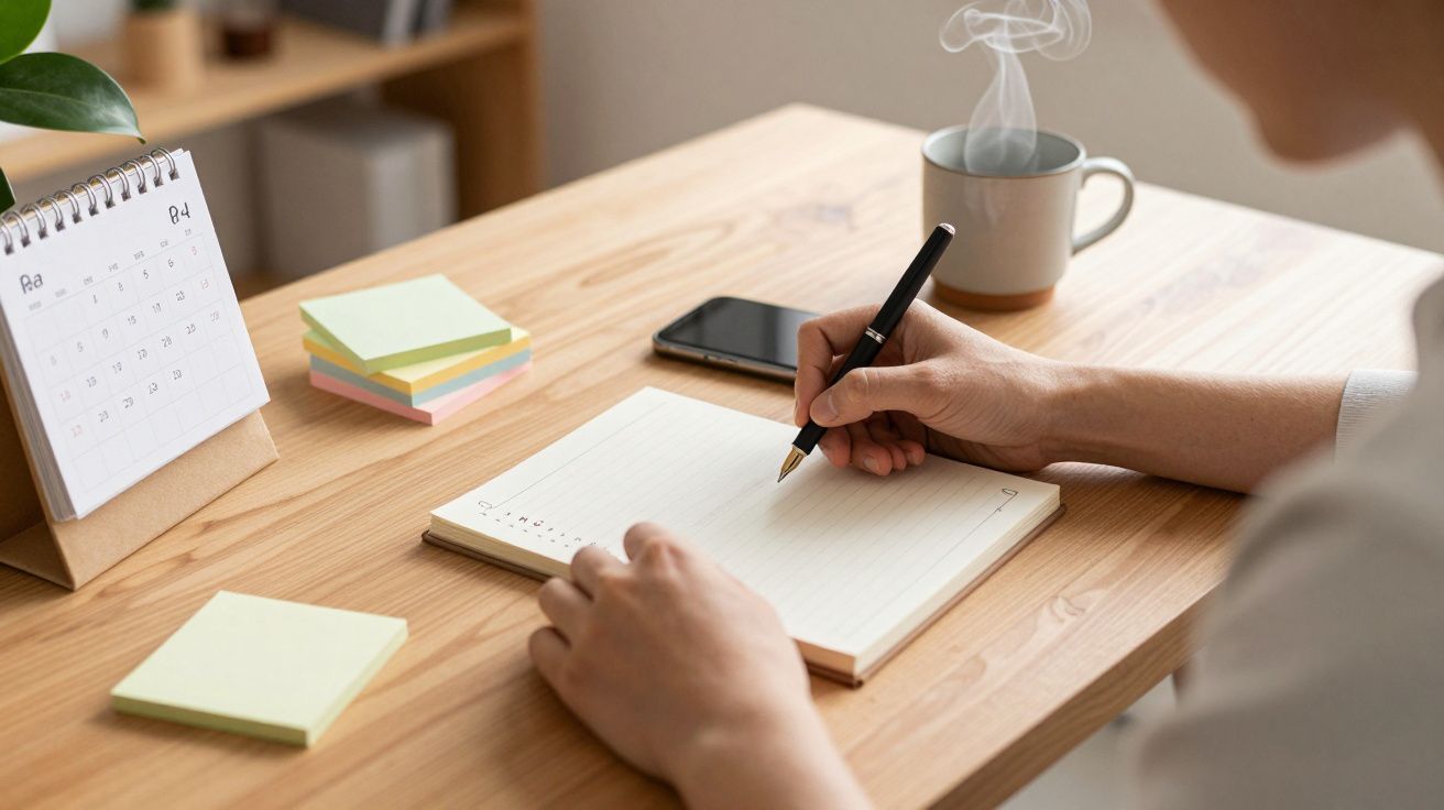 Persoană scriind într-un carnet pe un birou cu calendar, telefon, cești, abțibilduri colorate și fum aburind.