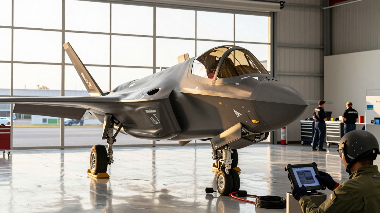 Avion de luptă modern într-un hangar, cu personal care operează echipamente lângă el.