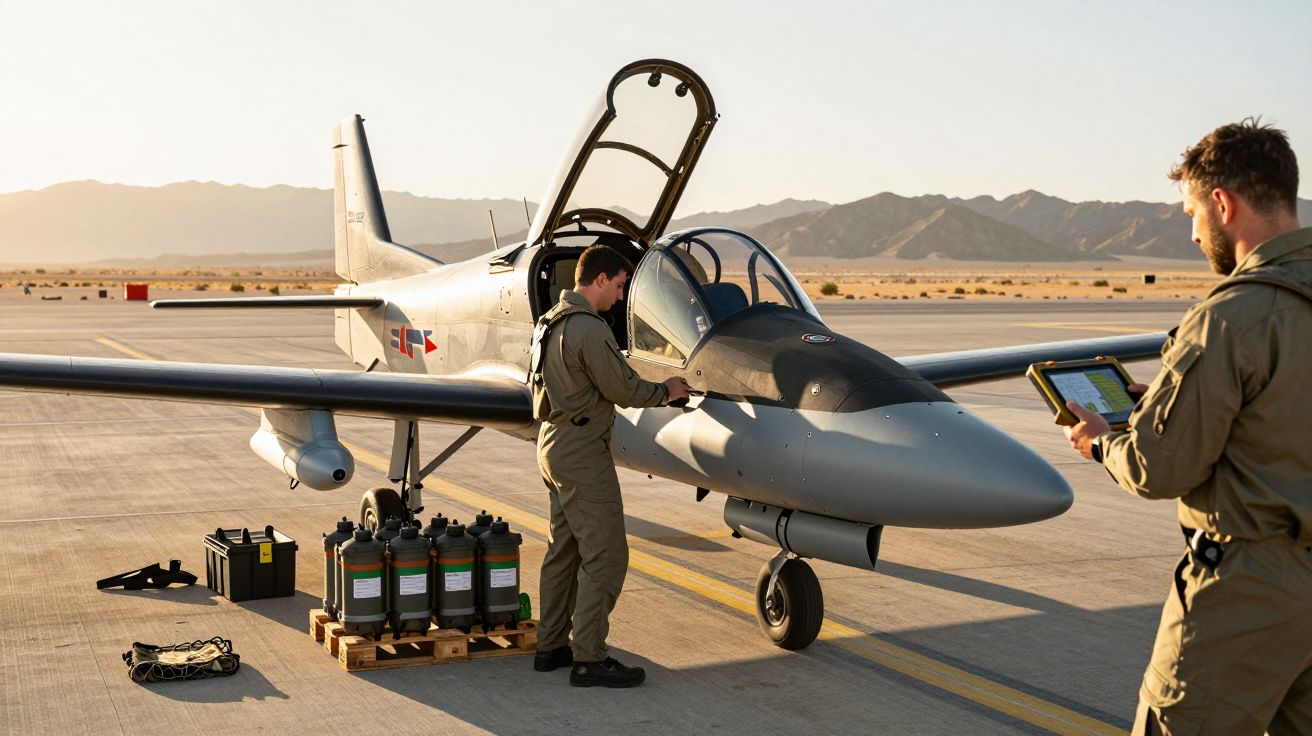 Doi piloți verifică un avion de luptă pe o pistă, având echipamente de întreținere alături, munți pe fundal.