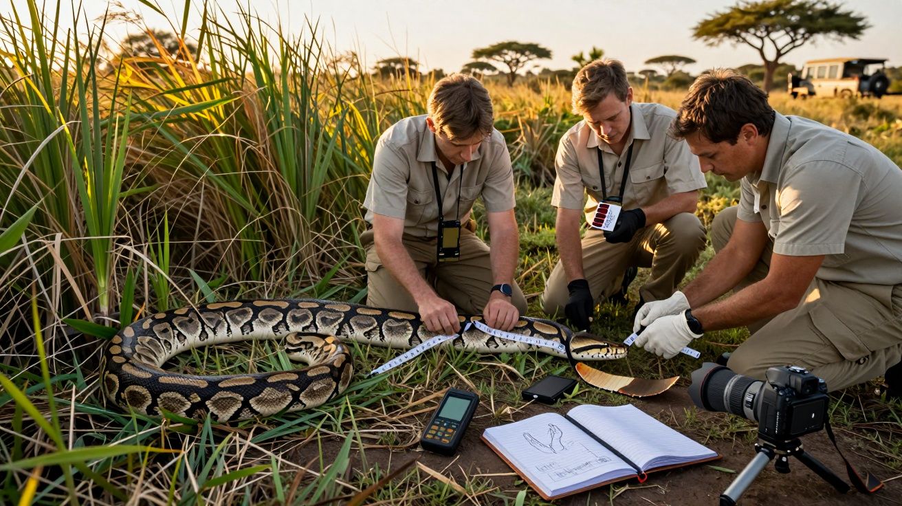 Trei cercetători măsoară un piton mare în savană, cu instrumente și caiete de notițe în jur.