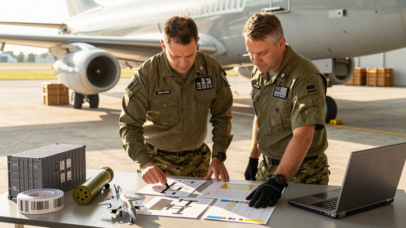 Doi militari analizează planuri de zbor lângă un avion pe pistă, cu laptop și echipament pe masă.