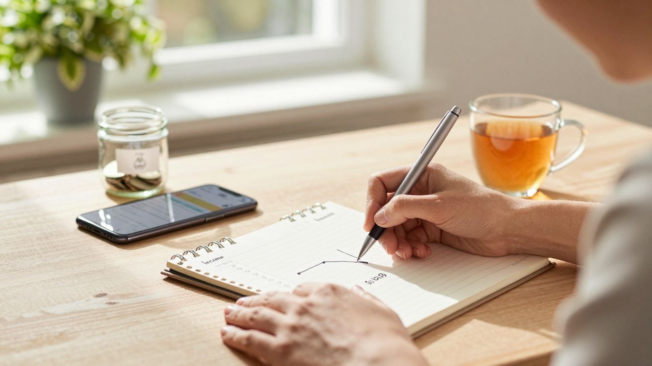 Persoană desenând un grafic într-un caiet, lângă un telefon, un borcan mic și o ceașcă cu ceai pe o masă de lemn.
