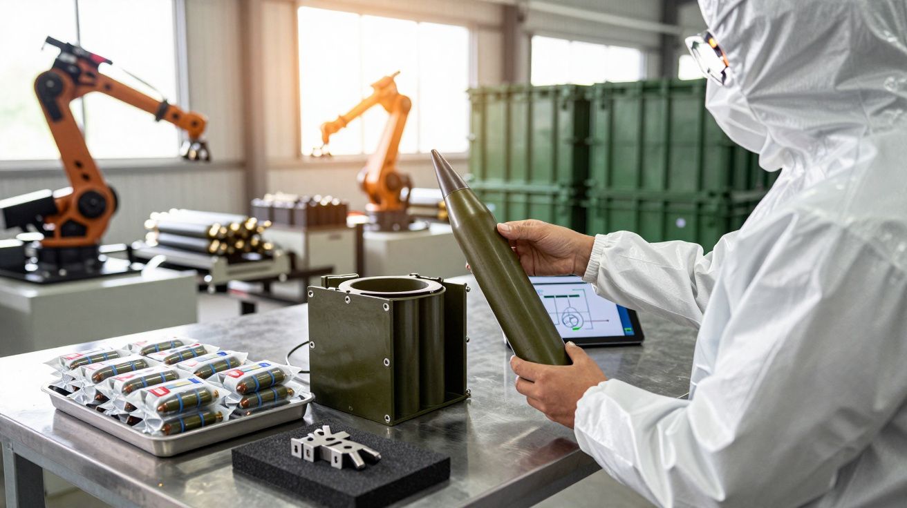 Persoană în echipament de protecție manevrând un obiect metalic într-un laborator cu mașini robotizate și ecrane digitale.