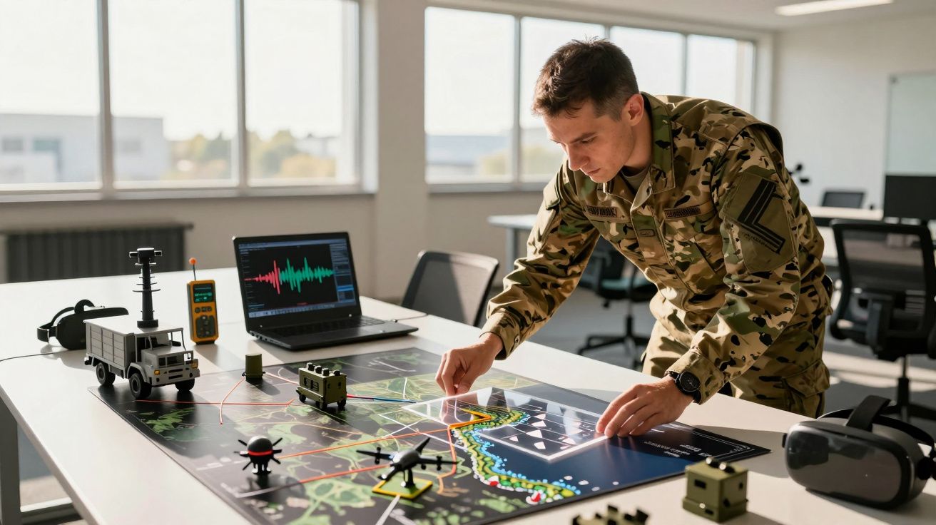 Soldat analizând o hartă strategică pe o masă, înconjurat de echipamente militare, într-un birou modern.