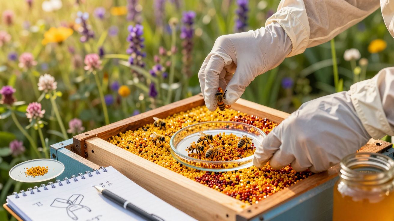 Albinărit în grădină cu flori colorate, mâini în mănuși examinează un cadru cu albine și polen multicolor.