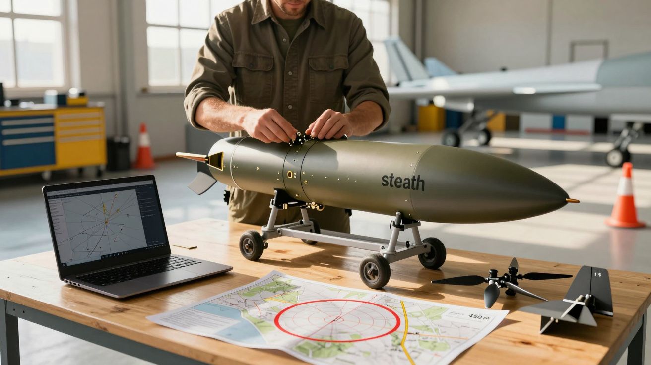 Persoană montând un proiectil pe un suport, cu un laptop și hartă pe masă într-un hangar.