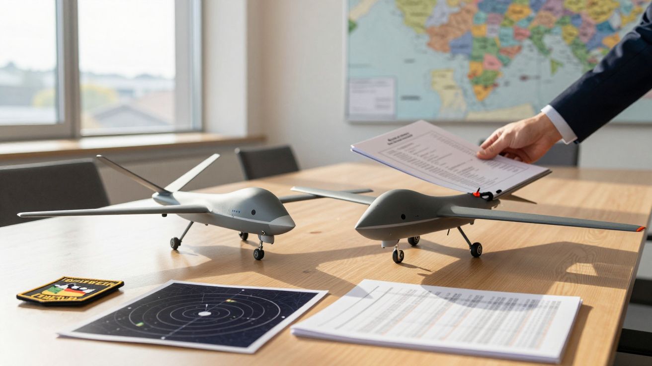 Două modele de drone pe o masă de întâlniri, aproape de hărți și documente, cu un bărbat ținând un raport.