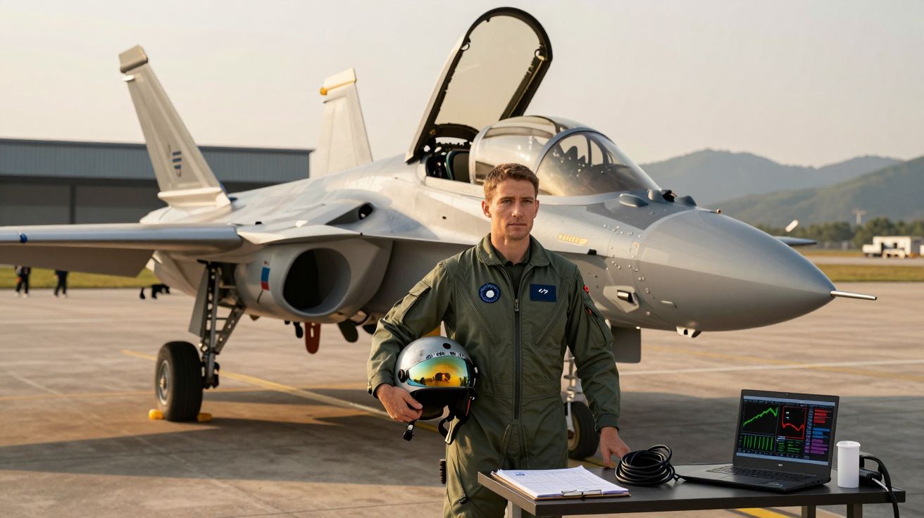 Pilot în uniformă lângă un avion de luptă pe pistă, cu un laptop și un tabel de date.