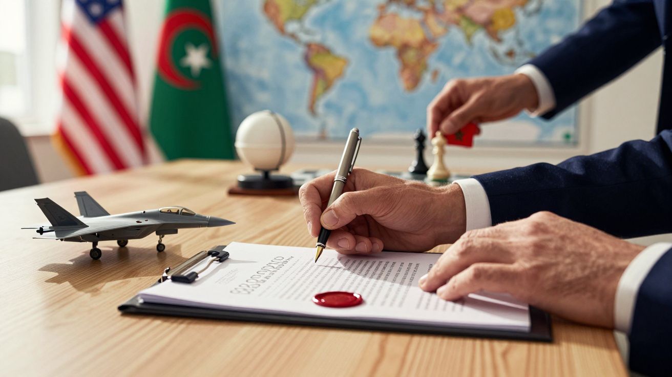 Două mâini semnând un document pe birou, lângă o jucărie avion și hărți. Drapel SUA și altul în fundal.