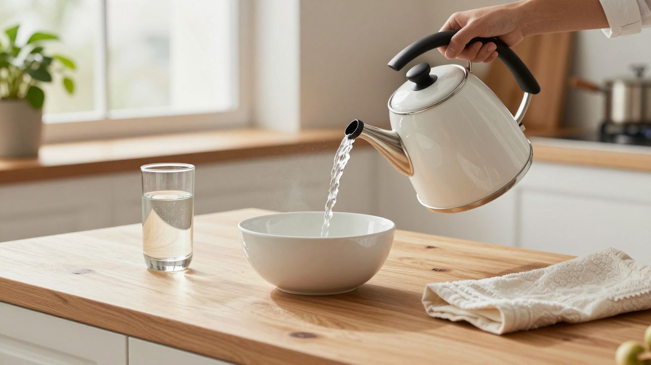 Persoană turnând apă fierbinte dintr-un ceainic alb într-un bol pe o masă de bucătărie.
